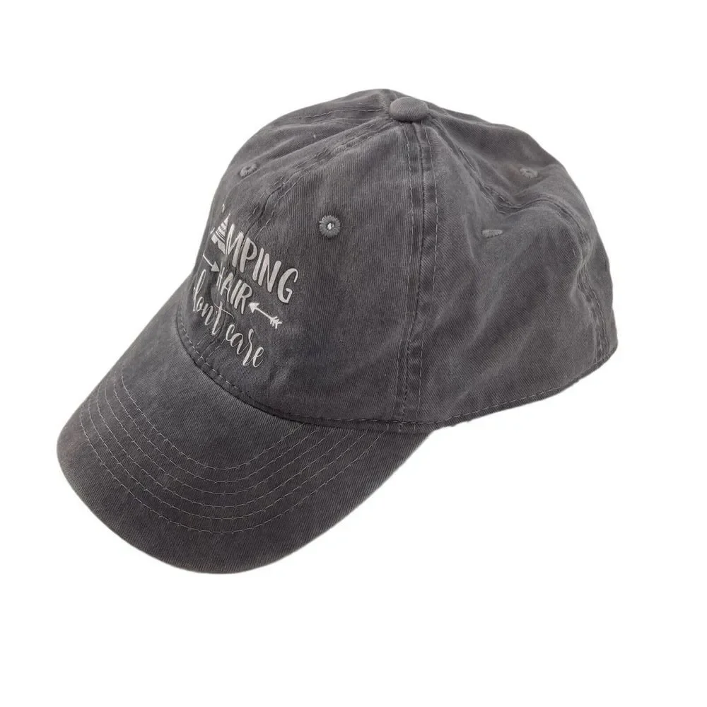 Camping Baseball Hat Cap Camping Hair Dont Care Womens One Size Gray Casual Hat